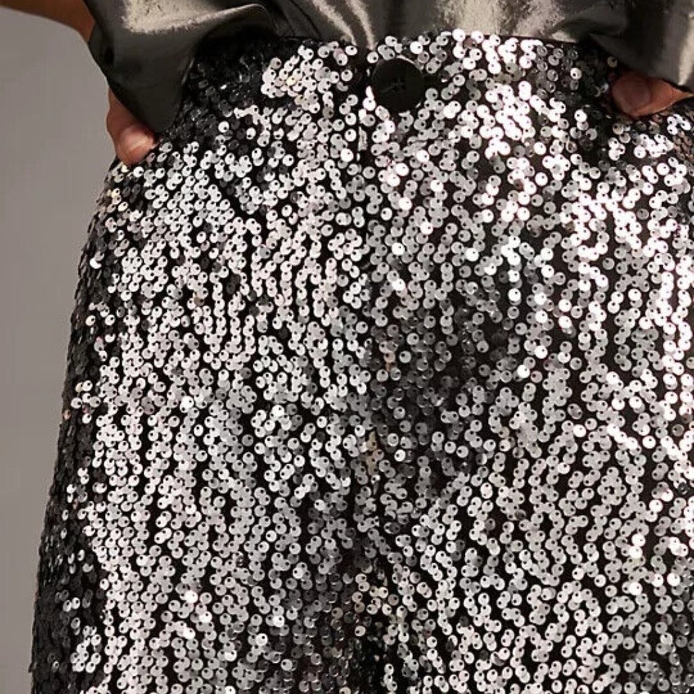 Anthropologie Silver Sequin Wide-Leg Pants - Picture 8 of 9
